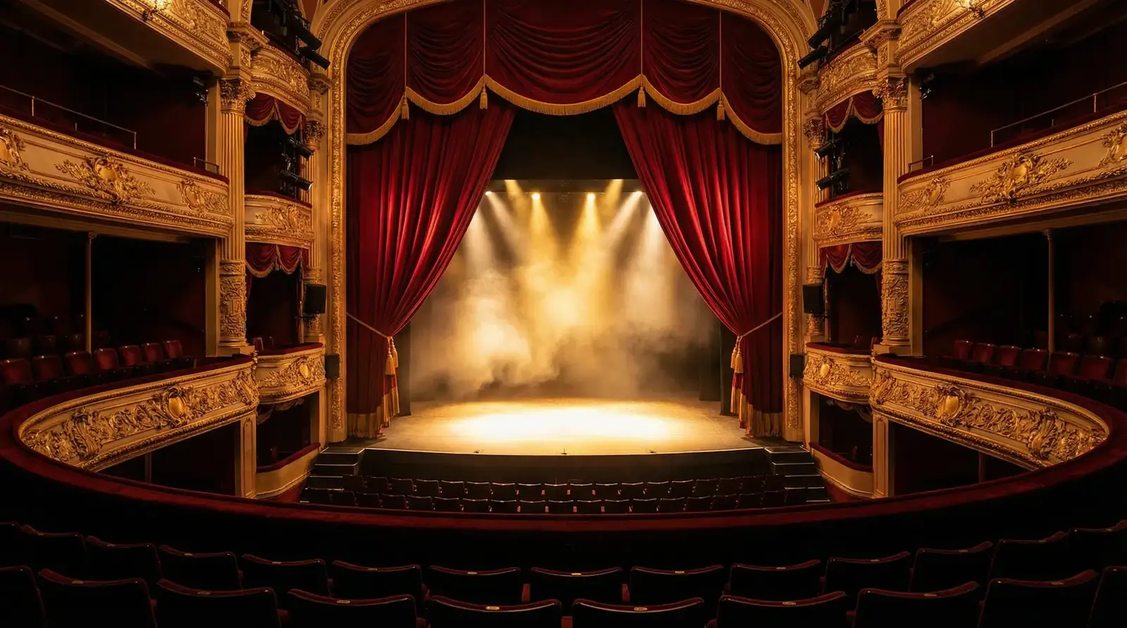日本三级 - 华丽剧院舞台，红色幕布与金色装饰